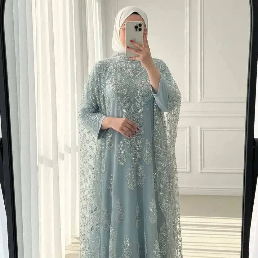 Women's Embellished Open Abaya Set - Crystal Beaded Tulle Cape, Pearl Collar, Modal Inner Dress, Elegant Islamic Clothing, Embroidery Abaya, Long Sleeve Modesty Wear for Hijabi Fashion, Eid Weddings, Long Sleeve Abaya