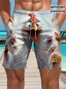 Men's Cartoon Rooster Print Beach Shorts, Summer Lightweight Drawstring Short Pants, Casual Five-Quarter Beachwear, Fashionable H-Type Fit