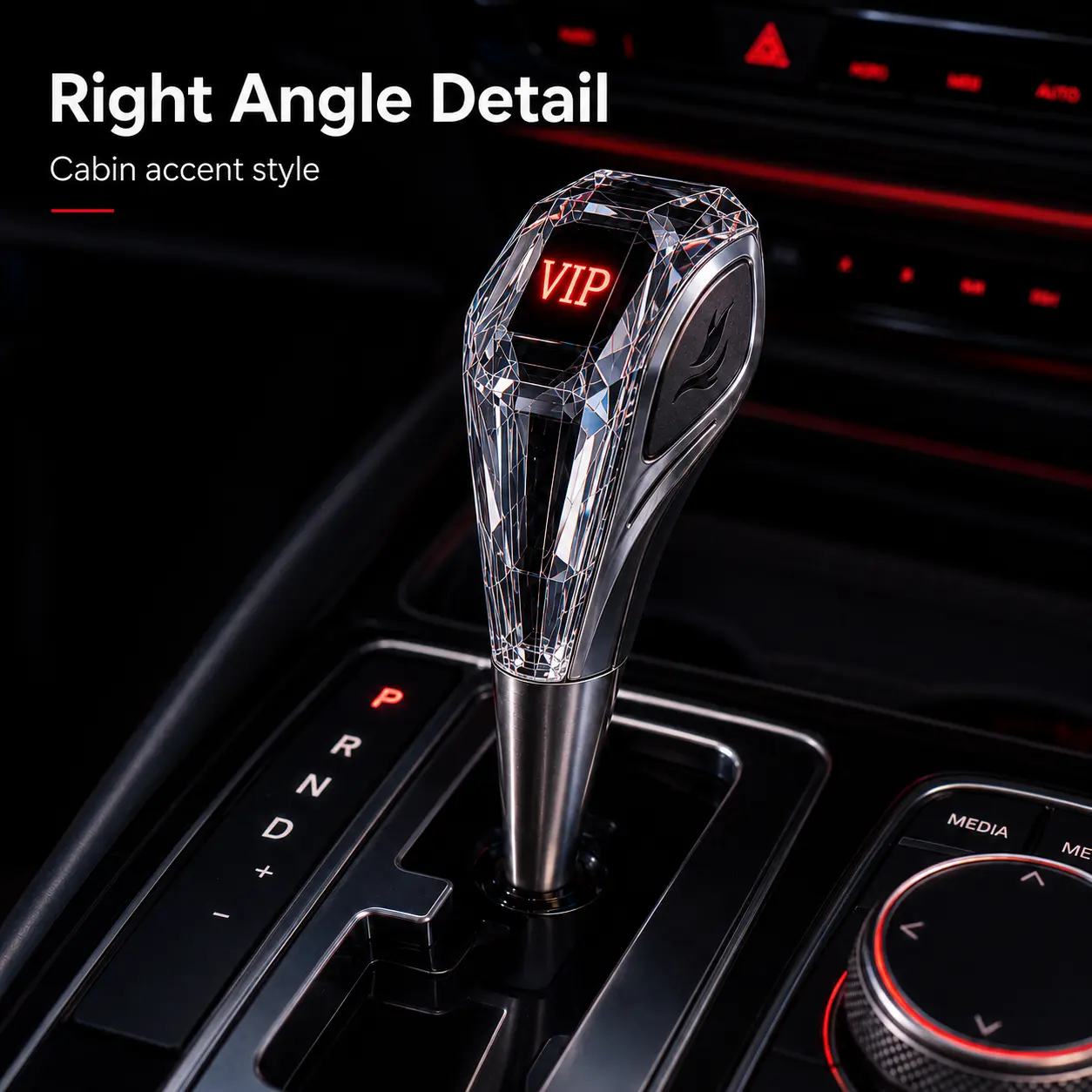 Crystal Gear Shift Knob for Automatic Cars, Diamond Cut Clear Acrylic Shifter Handle, Universal 8mm 10mm 12mm Adapter, Interior Car Accessories, VIP Logo LED Style