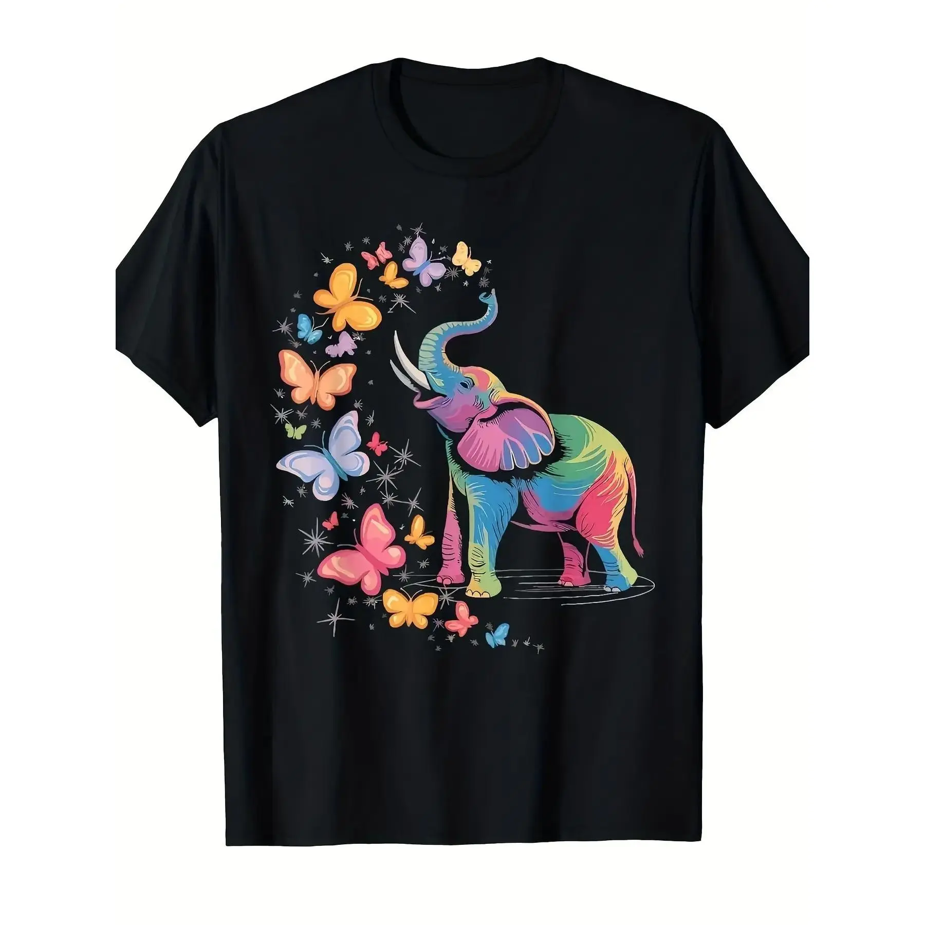 2026 New Classic Rainbow Elephant & Butterflies Graphic Menswear T-Shirt, Streetwear Summer Casual Breathable Crew Neck Tee, Premium Fabric for Elephant Lovers, Tshirt