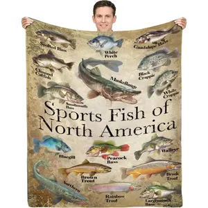 60x80in Ultra-Soft Flannel Blanket, Double-Sided Modern Fish Print, Bass Fishing Gift for Men, Christmas/Birthday Gift for Living Room Use