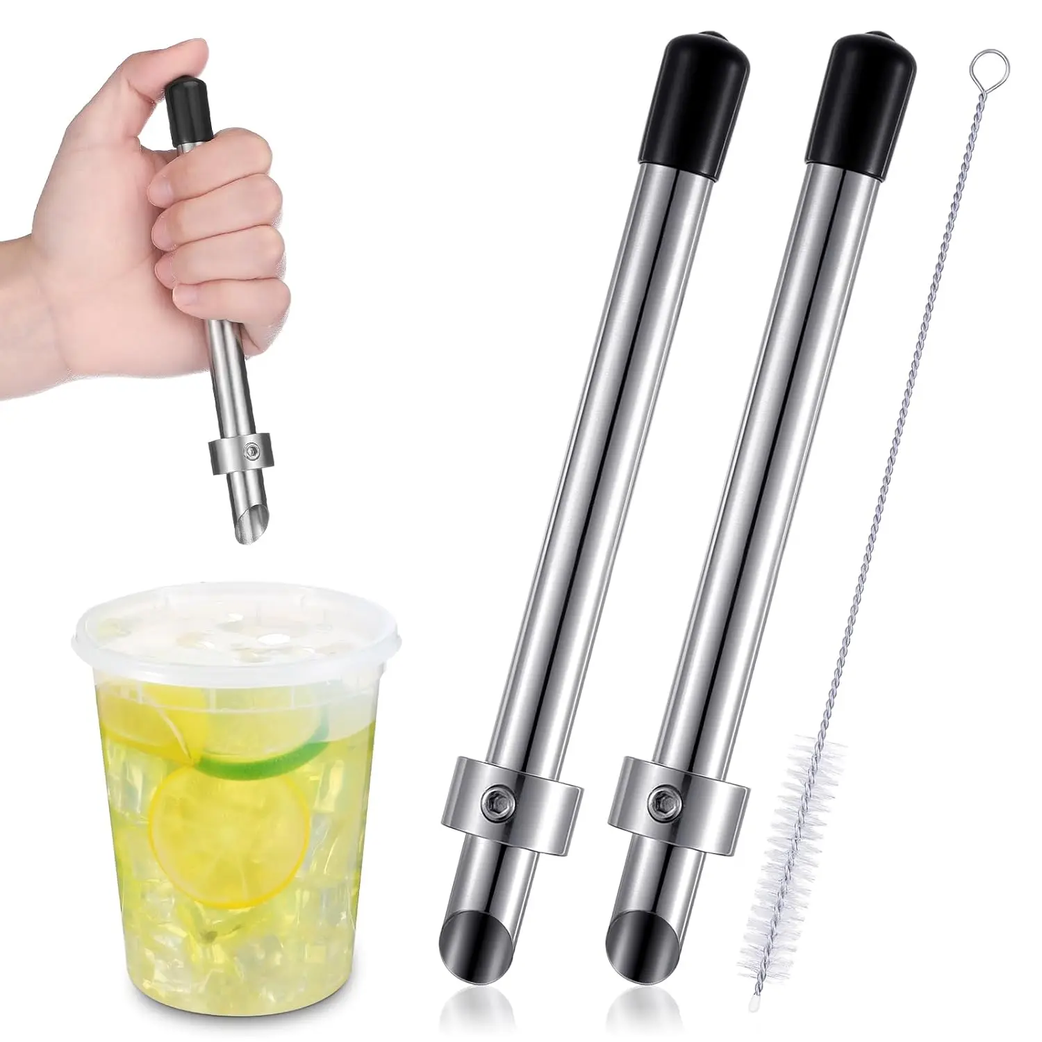 2 Pack Straw Puncher for Plastic Lids Lemonade Cups, Stainless Steel Straw Hole Puncher Punching Tools for Fresh Squeezed Lemonade Cafe Drinks Lemonade Stand Supplies (6.3 Inch,Black)