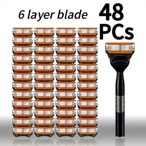 1 Handle+48 Blades, Classic Men's Manual Shaving Set, 6-layer Stainless Steel Manual Shaver, Smooth and Comfortable Shaving Without Residue, Reusable, A Must-have Facial Care Tool for Men, Shaving Razors