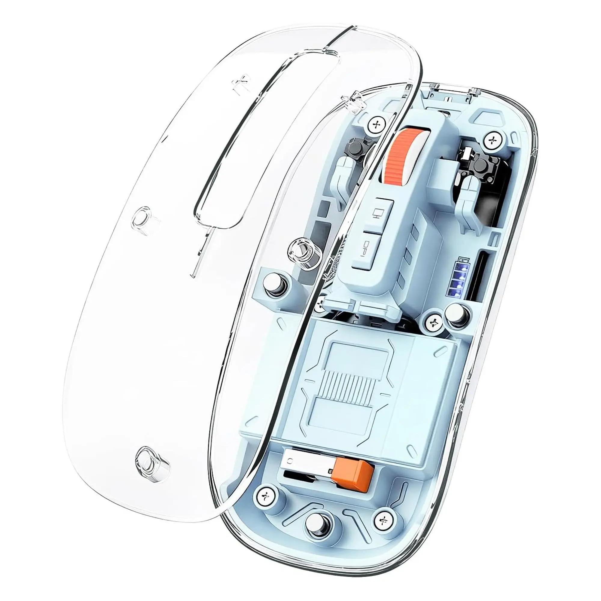 FMOUSE Transparent Slim Wireless Mouse - Tri-Mode 2.4G+Dual Bluetooth Multi-Device Mouse, 60-Day Battery Life, Silent Clicks, 1-Click Desktop Privacy Key for MacBook Laptop - Sky Blue