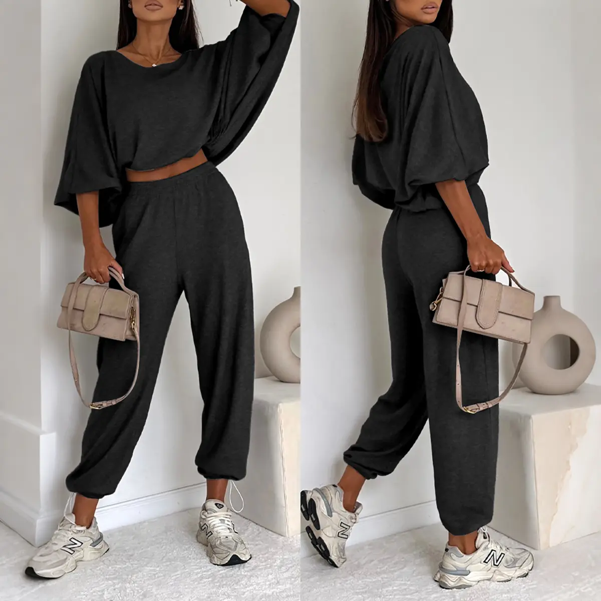 CHICME Women's 2 Piece Knit Lounge Set Batwing Sleeve Crop Top and High Waist Drawstring Joggers Casual Tracksuit Outfits