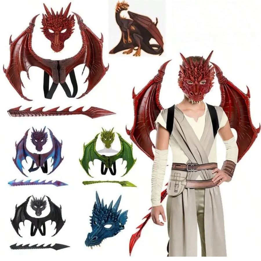 Dragon Mask Wings Set for Halloween Party Costume, Comic Costume, Dragon Tail Mask Props Cosplay Accessories, Random Color Nail Assembly Style