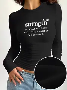 Women's Letter Graphic Slim Fit Long Sleeve Top, Casual Spring & Fall Bottoms, Comfortable Daily Wear, Versatile Fashion Tee