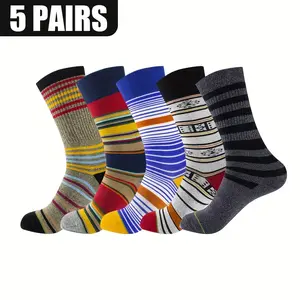 5 Pairs of Striped Cotton Blend Crew Socks - Breathable and Odor-Resistant Casual Business Socks with Heel Protectors, Machine Washable