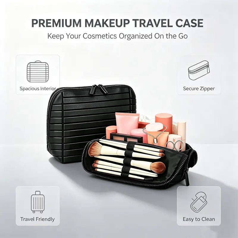 Women's Plaid Foldable Waterproof Large-Capacity Compartmentalized Makeup Bag - Open-Top Stylish Travel Organizer, Handheld Cosmetic Pouch, Skincare Holder, Portable Striped Leather Pouch Storage Bag, Pouch Storage Bags