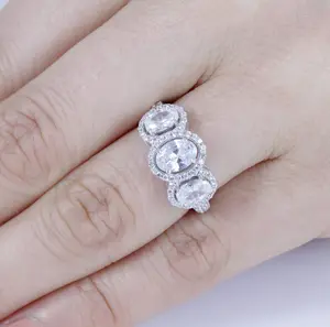 925 Sterling Silver 3-Stone Oval Halo CZ Engagement Ring Wedding Ring Band Size 3-15 M1352