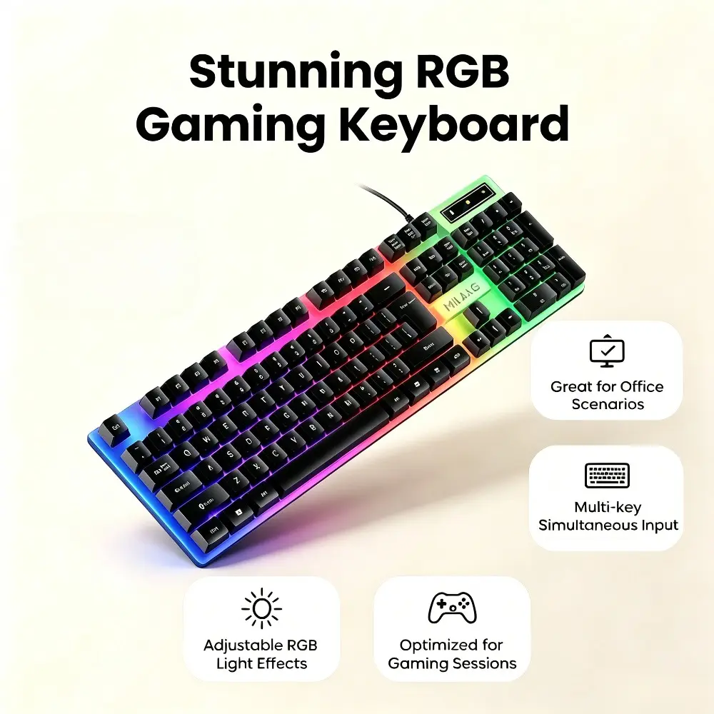 Wired Gaming Keyboard, Full-Size 104-Key Rainbow Backlit USB Plug-and-Play Ergonomic Silent Film Keyboard with Numeric Keypad for Computer Laptops, Desktops (Indoor Recreation Use)