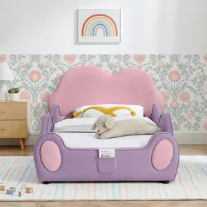 Twin Size Kids Bed Cute Cloud Shape PU Leather Bed with Guardrails, Safety Toddler Bed with Cartoon Purple&Pink Design and Storage Pocket