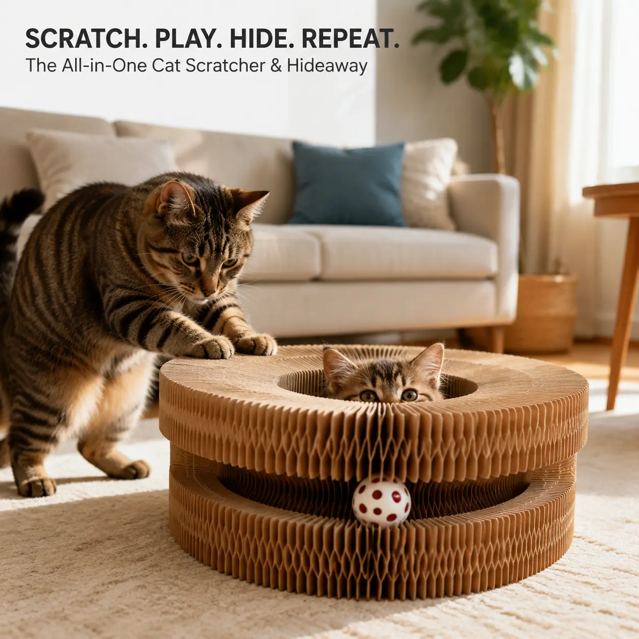 Accordion Folded Corrugated Paper Cat Scratching Post with Interactive Ball, Stand Design, Wear-Resistant Cat Scratching Board, Multifunctional Furniture Protector, Standing Claw-Sharpening Cat Toy