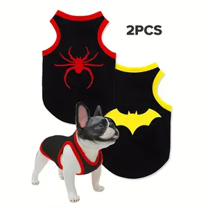 2 Pieces Halloween Spider and Bat Pet Vest - Polyester Breathable Flea-Proof Dog and Cat Shirt, Hoodie Style, Suitable for Indoor/Outdoor - Suitable for Medium, Large, Small, Extra Large, Mini, and Toy Breeds