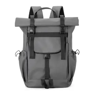 Men's rolled mouth backpack with double shoulder straps, outdoor waterproof and wear-resistant large capacity leisure travel bag, student laptop bag