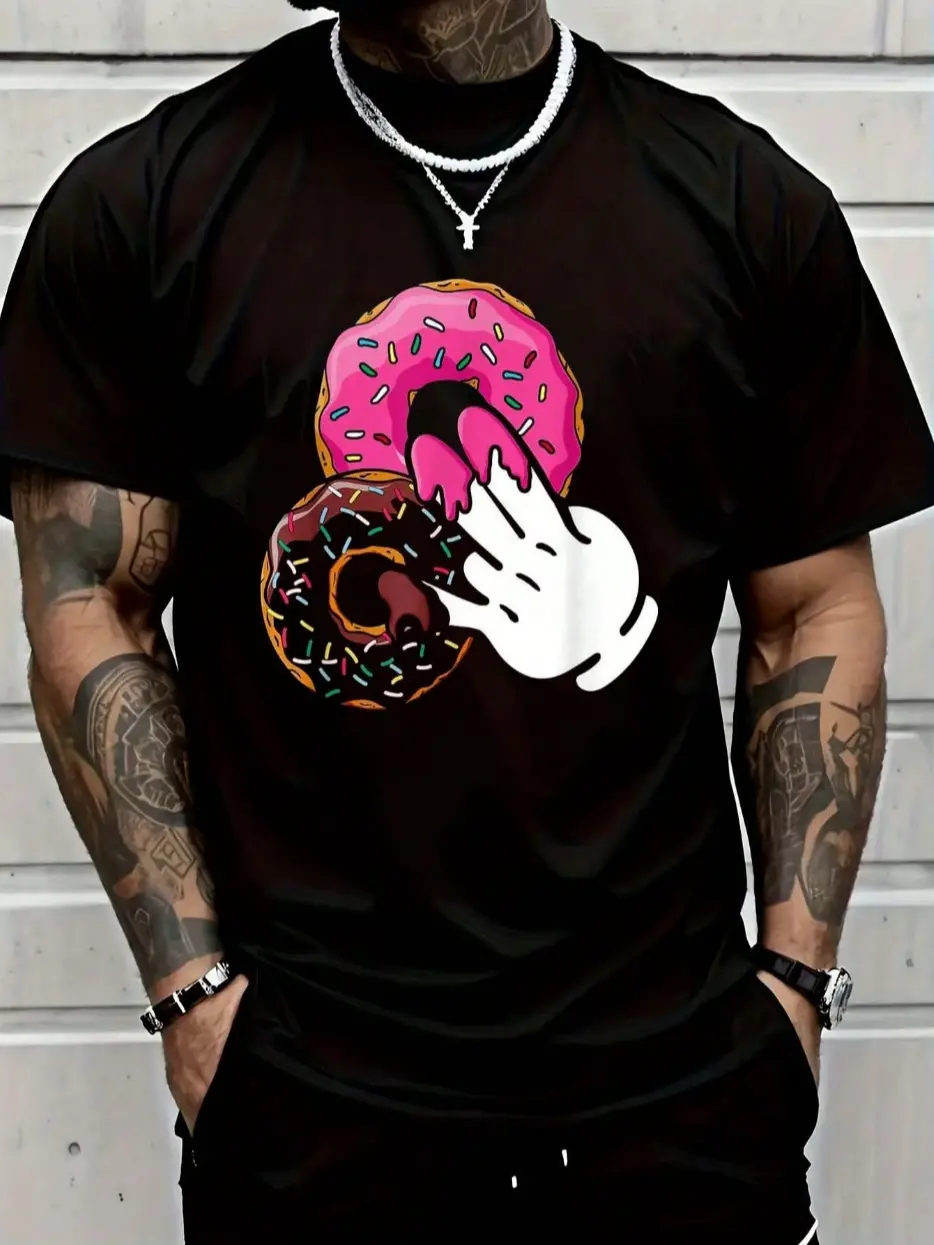 Unisex Streetwear Graphic T-Shirt with Funny Cartoon Donut Print, 2000s Aesthetic Oversized Cotton Top for Casual Loungewear, Baseball, Sneakers, Glove, Relaxed Fit, Shortsleeve, Plain