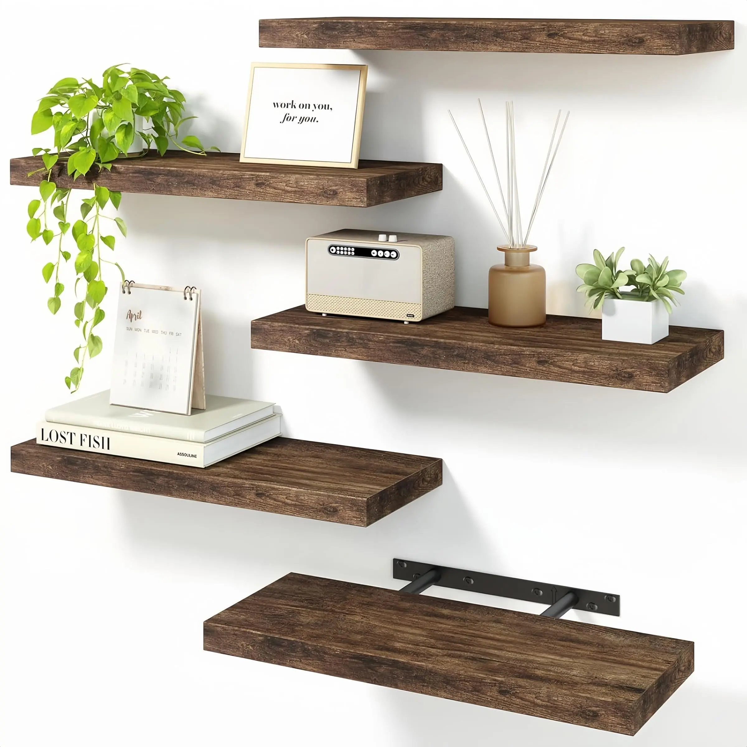 3pcs Floating Shelves for Wall Storage, Wall Organizer Shelf, Farmhouse Style, Bedroom Bathroom Living Room Kitchen Decor, Dark Wood, Wooden