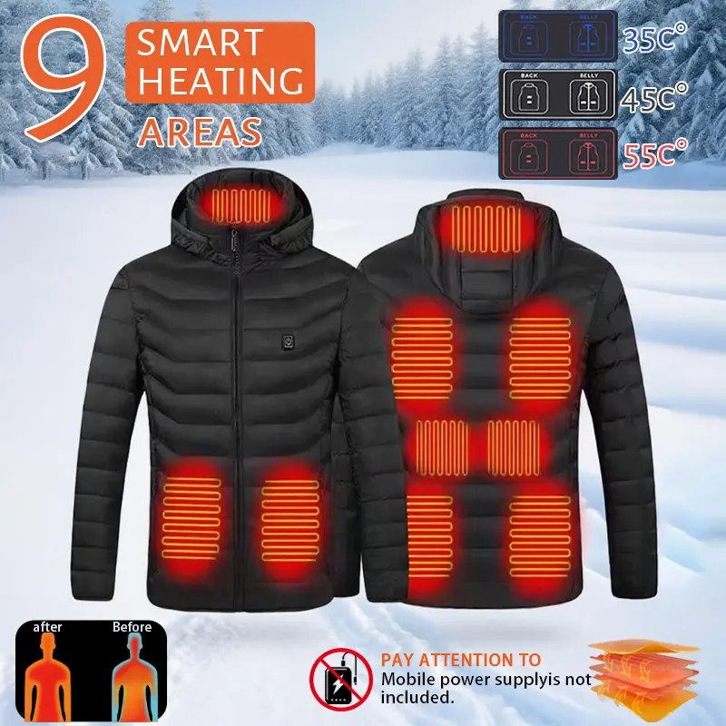 Menswear 9-Area Smart Electric USB Heating Hooded Jacket, Unisex Winter Thermostat Coat with Round Neck, Plain Design, Full Zip, Polyester Blend Fabric, Outdoor Wear, Smart Heating, Solid Plain, Unisex Sizing, Casual Basic, Foldable