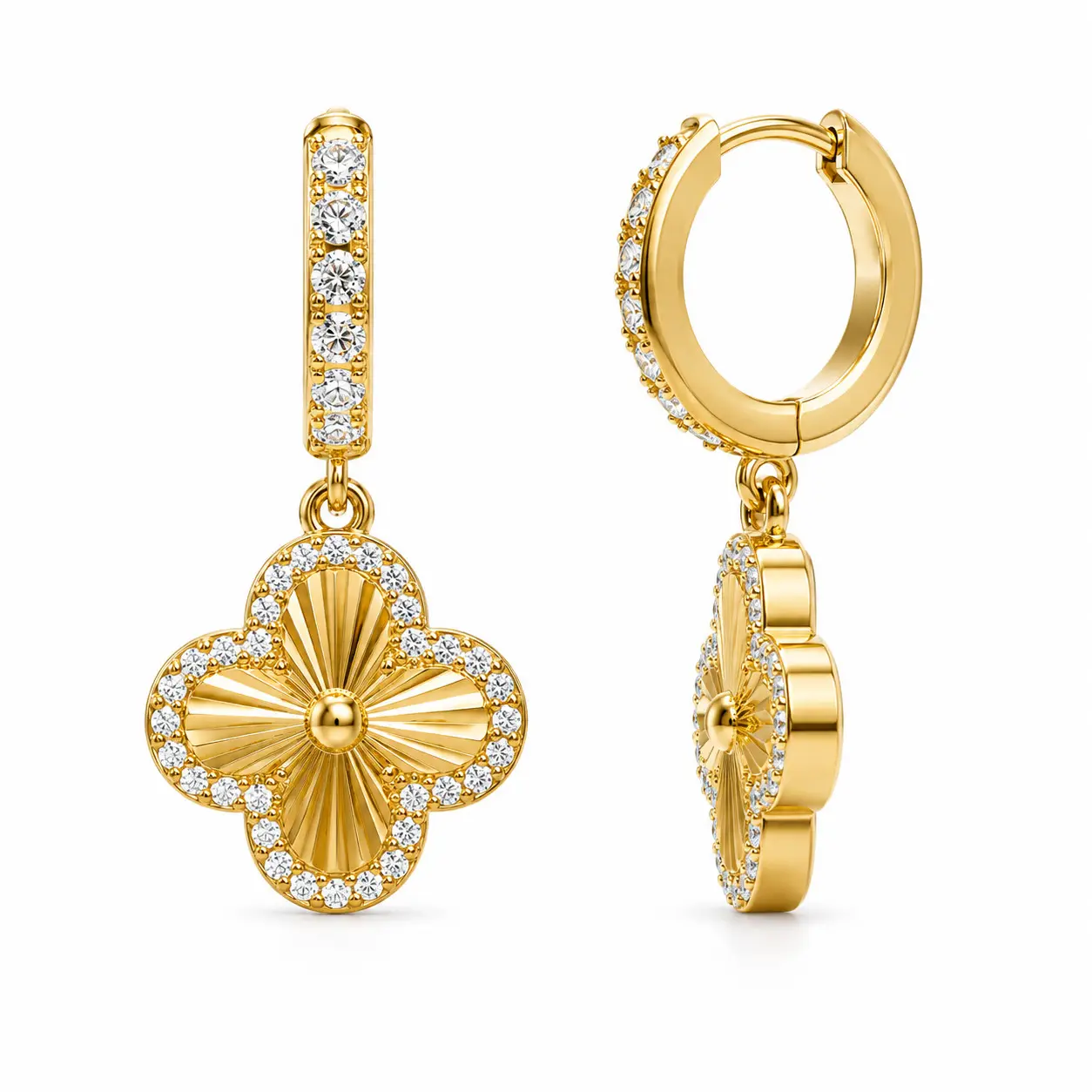 PAVOI 14K Gold Plated Cubic Zirconia Clover Drop Huggie Earrings for Women