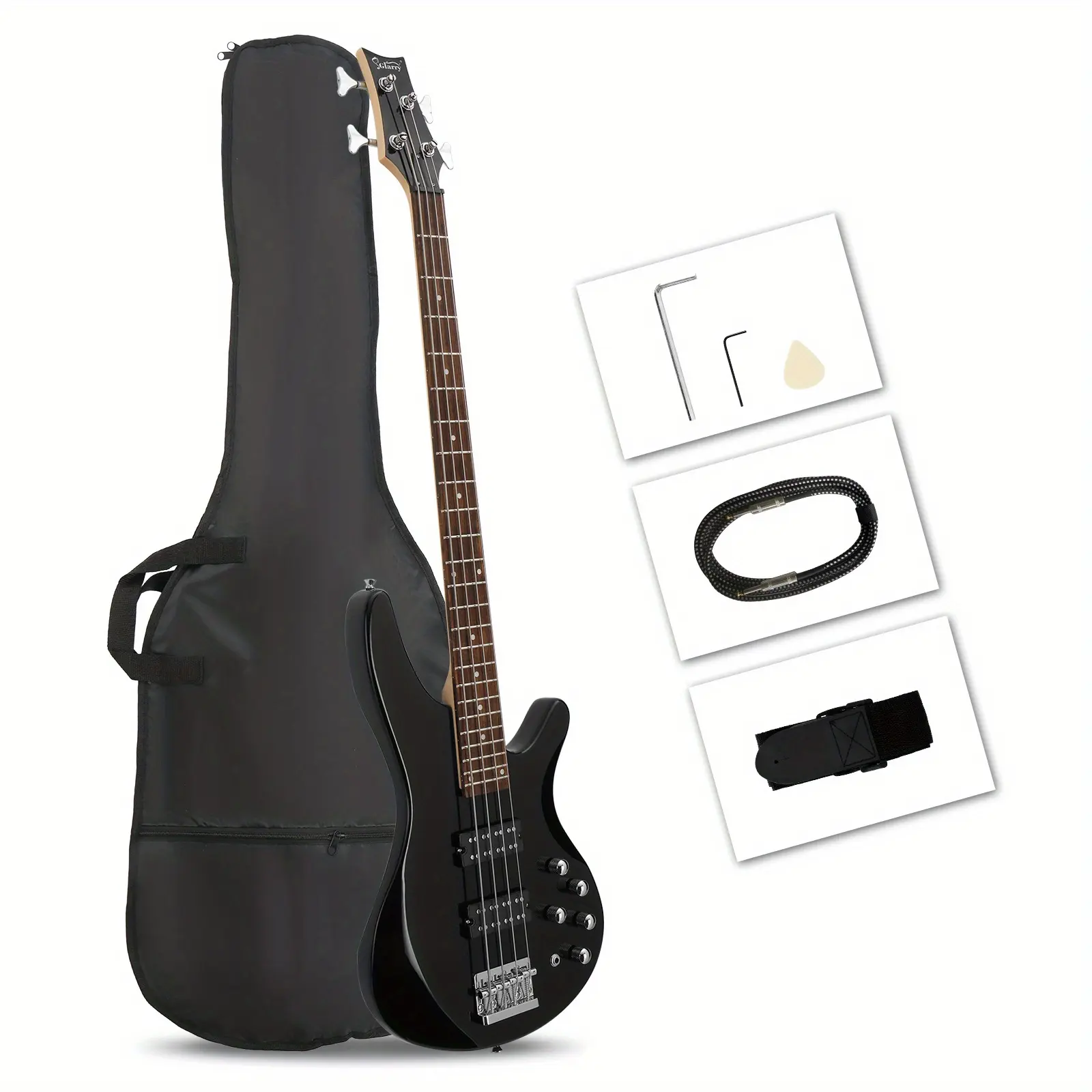 44-Inch 4-String Electric Bass Guitar for Bass Players & Beginners - GIB H-H Pickups, Laurel Wood Fingerboard, Maple Body, Peroba Components, High Tensile Strength Fretwire, Adjustable Guitar Bridge, Black Finish, Carry Bag & Accessories