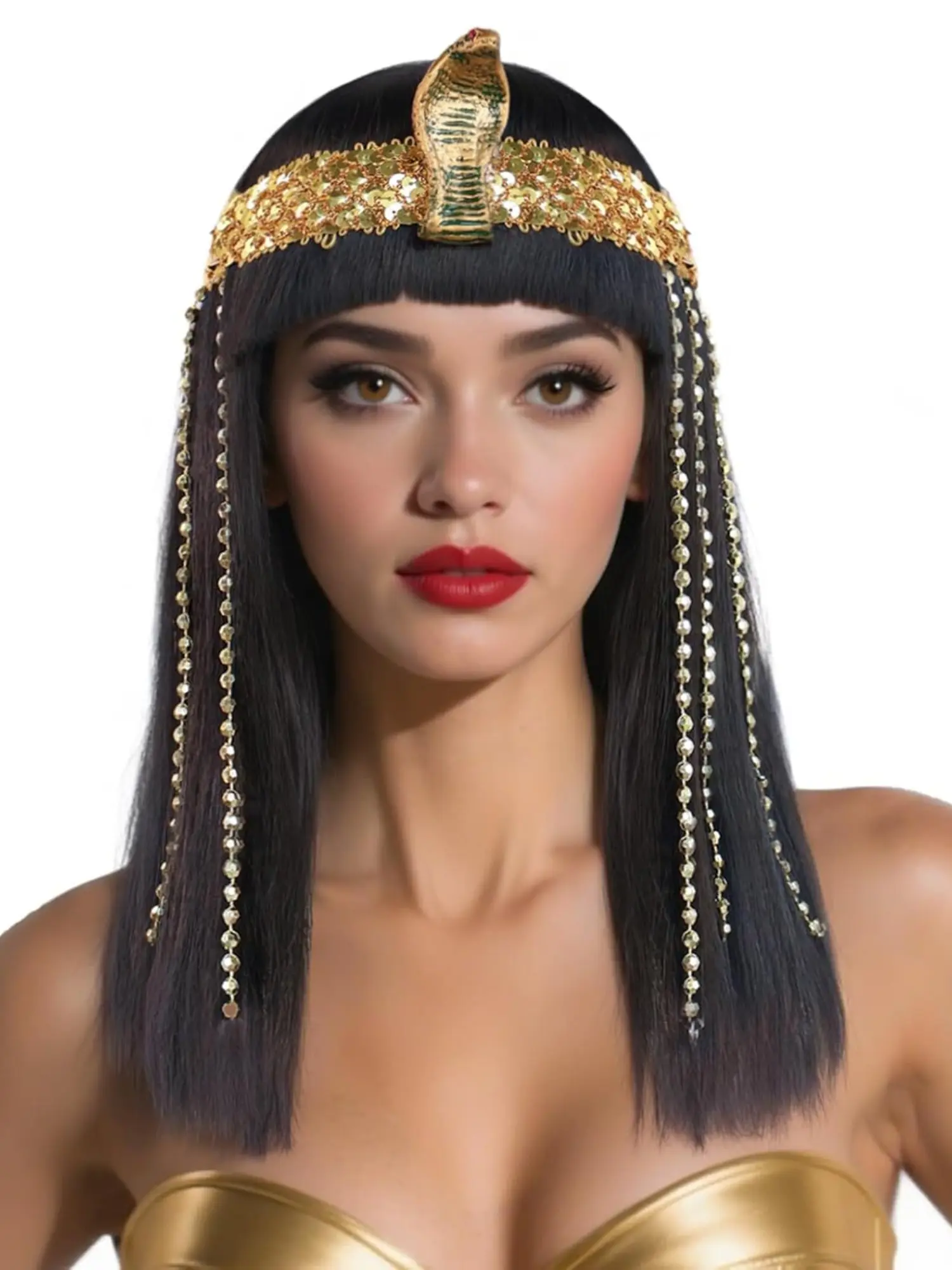 Cleopatra Wig for Women with Bangs, Synthetic Wigs, Egyptian Cleopatra Cosplay Wig with Headdress, Short Straight Bob Hair for Halloween Costume