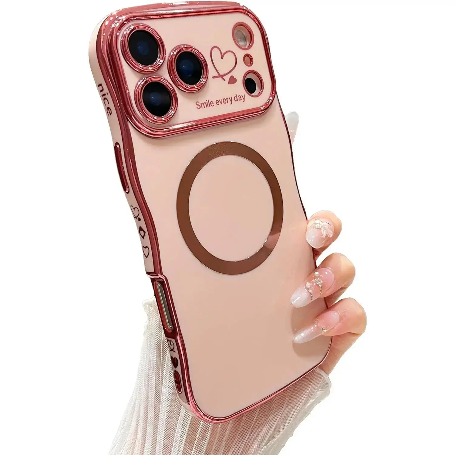 Magnetic Case - Curly Wave Shape Plating Frame Cute Love Heart Cover Full Camera Lens Protection Soft TPU Shockproof Anti-Fall Case For iPhone 17 16 15 14 13 12 Pro Max