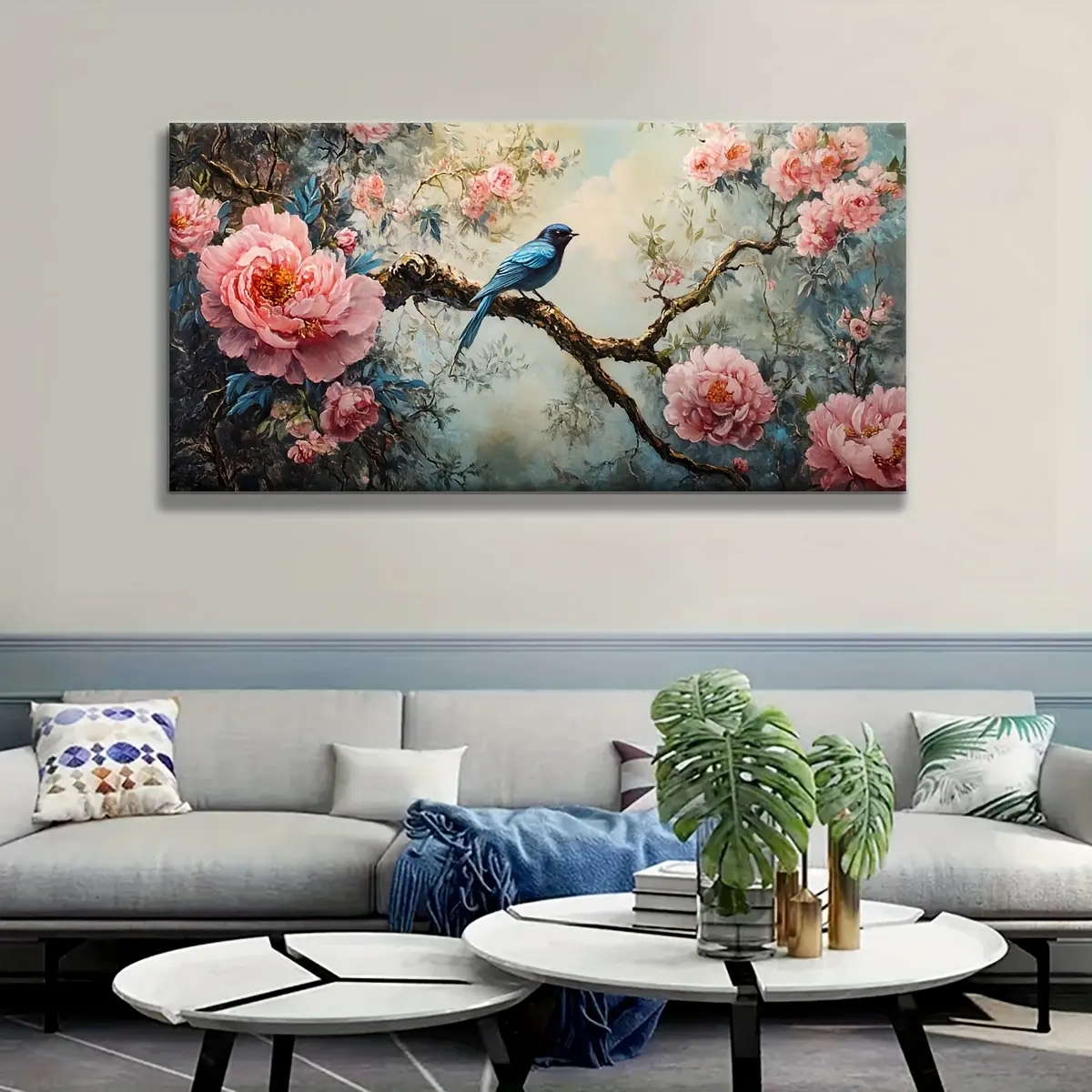 1 Piece Large Framed Canvas Wall Art - Pink Peonies and Birds Abstract Landscape Painting, Vintage Floral Decor for Living Room, Bedroom, Office or Kitchen, Office Artwork |   Elegant Wall Artwork |   Textured Artwork