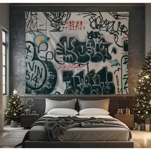 Black & White Graffiti Tapestry - Durable, Wrinkle-Resistant, Easy Hang Wall Art for Gamers' Bedroom, Dorm Decor chill room accessories