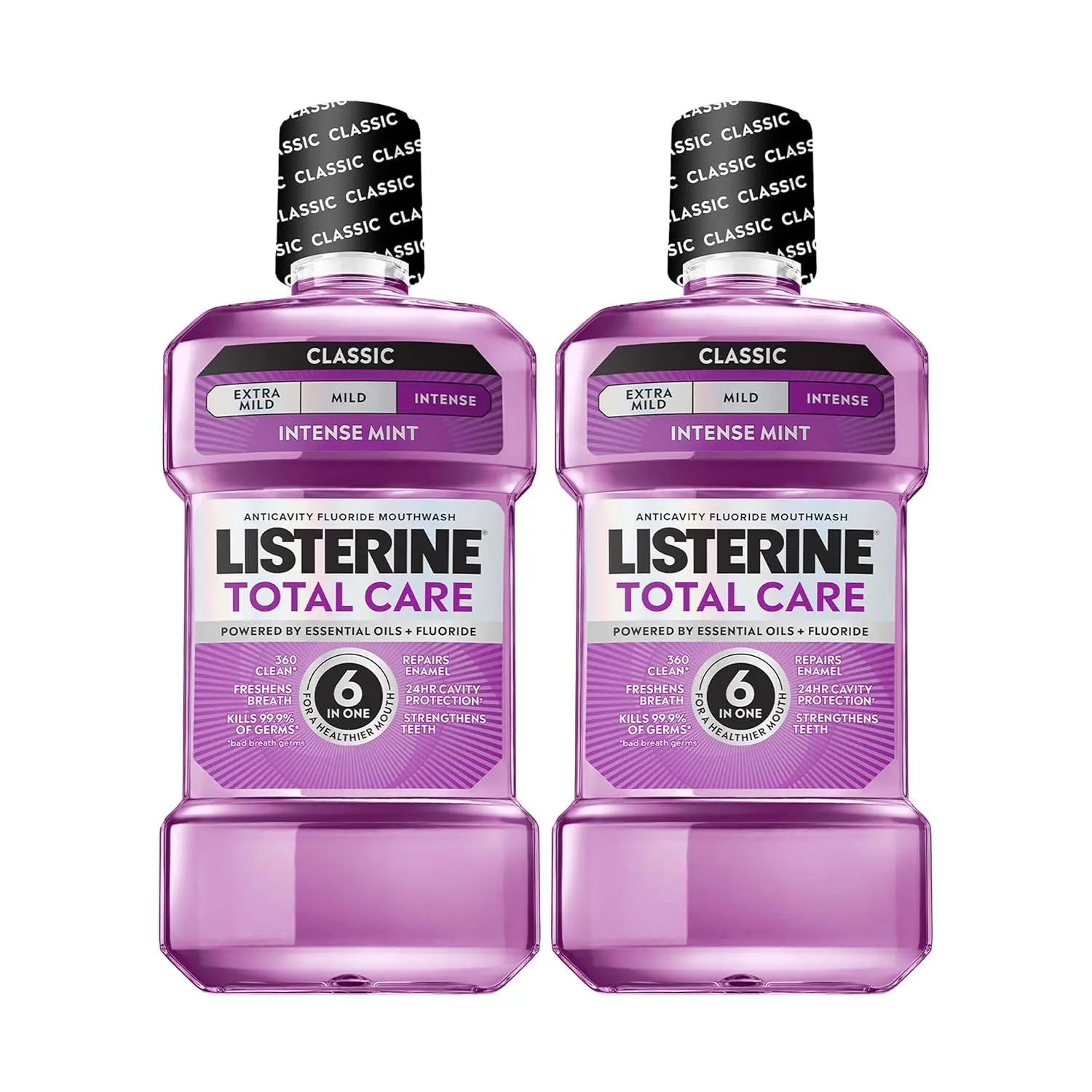 Listerine Total Care Anticavity Mouthwash, Intense Mint, 33.8 fl. oz/1L x 2 | Anticavity Fluoride Mouthwash, Prevents Cavities, Helps Kill 99% of Bad Breath Germs, ADA-Accepted