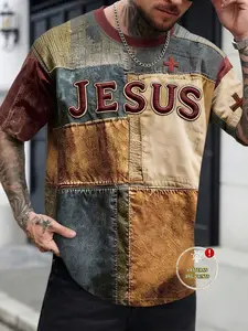 Men's Vintage Patchwork Pattern T-Shirt, Vibrant Colors, Comfortable Round Neck, Casual Fitted Long Sleeve, Daily Wear