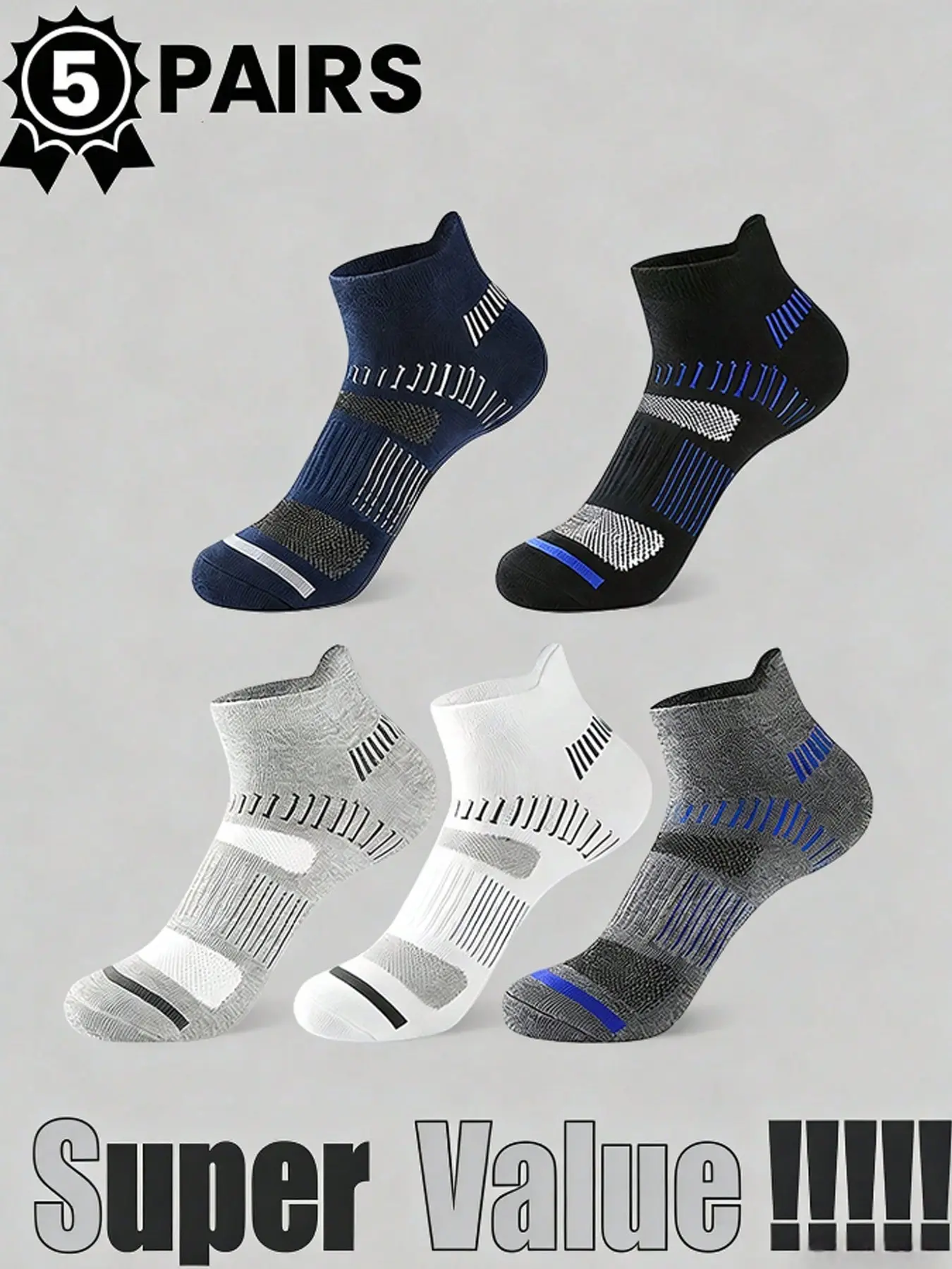 5 Pairs Men's Sport Ankle Socks, Basketball, Running, Gym Socks, Athletic Socks, All Season Casual Plain Design, Comfortable and Durable