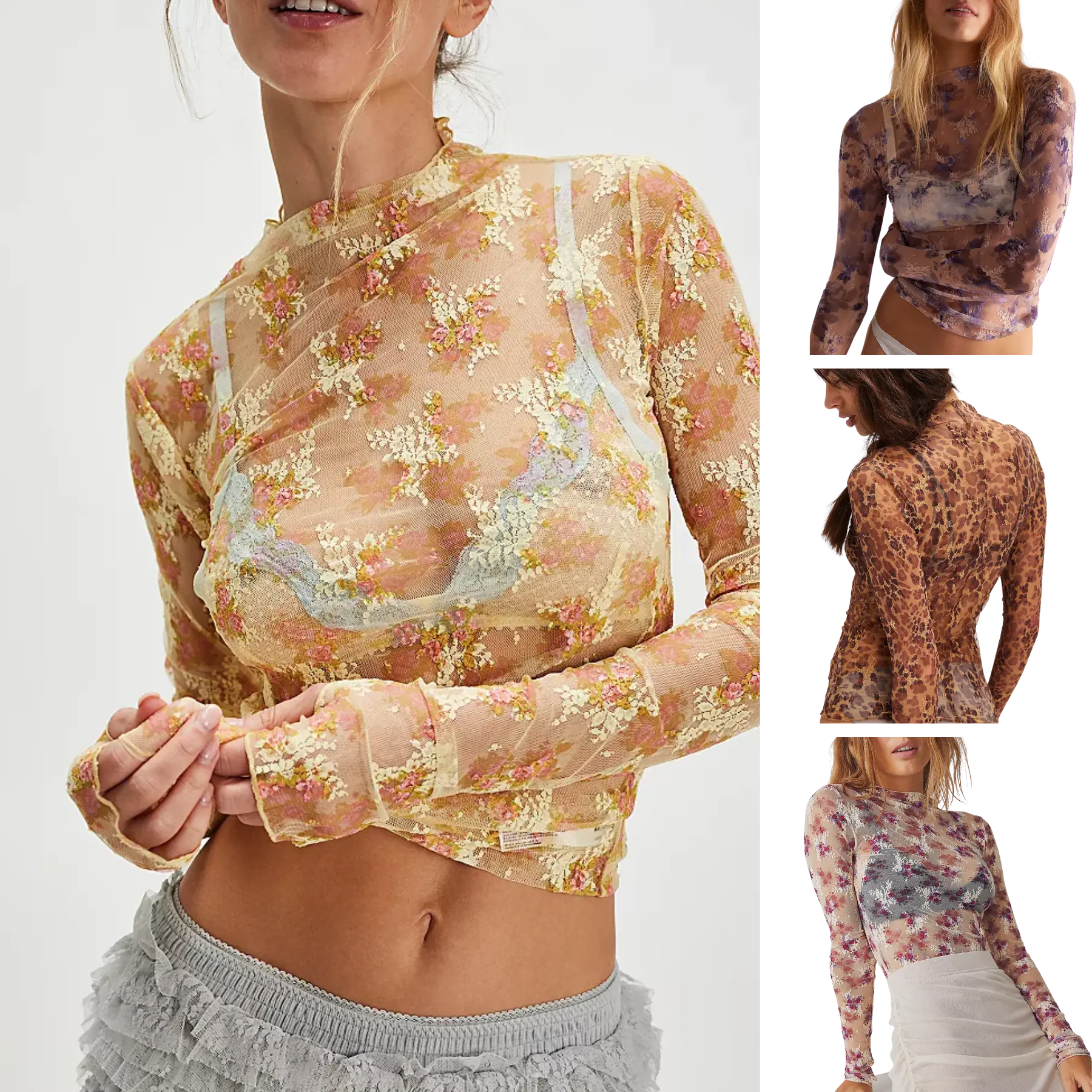 SCUSTY Women's Lace Mesh Top Long Sleeve Floral Lace Blouse Sheer Mesh Mock Neck Layering Top Comfortable Breathable Stretchy Fabric