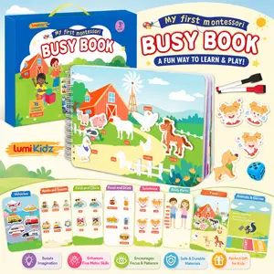 Montessori-Inspired Busy Book for Kids Ages 3+, Reusable Preschool Activity Book with 16 Learning Activities, 32 Pages, Stick & Match Games, Drawing & Writing Practice, Educational Travel Toy for Home, Car, Park & School