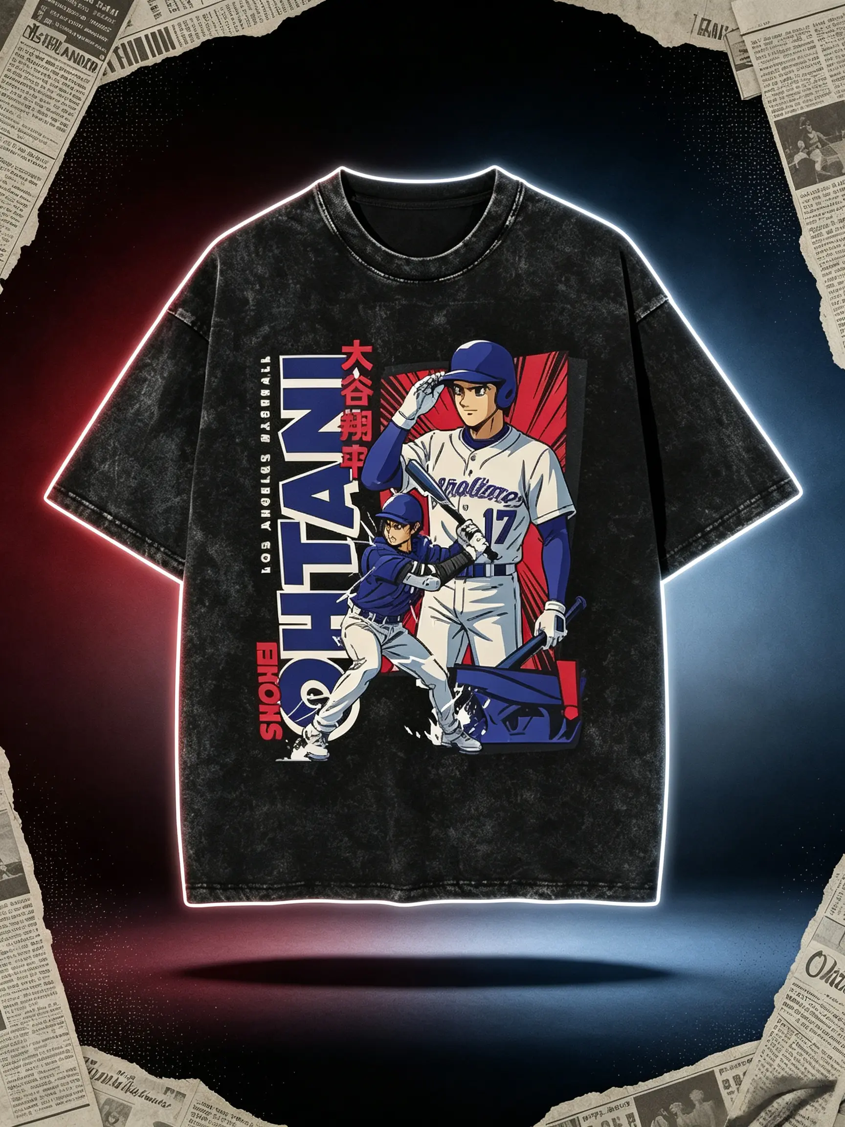 Streetwear Graphic Tee for Men, Anime-Style Baseball Player Print, Washed 100% Cotton, Casual Short Sleeve Crew Neck, Machine Washable, Plus Sizes Available