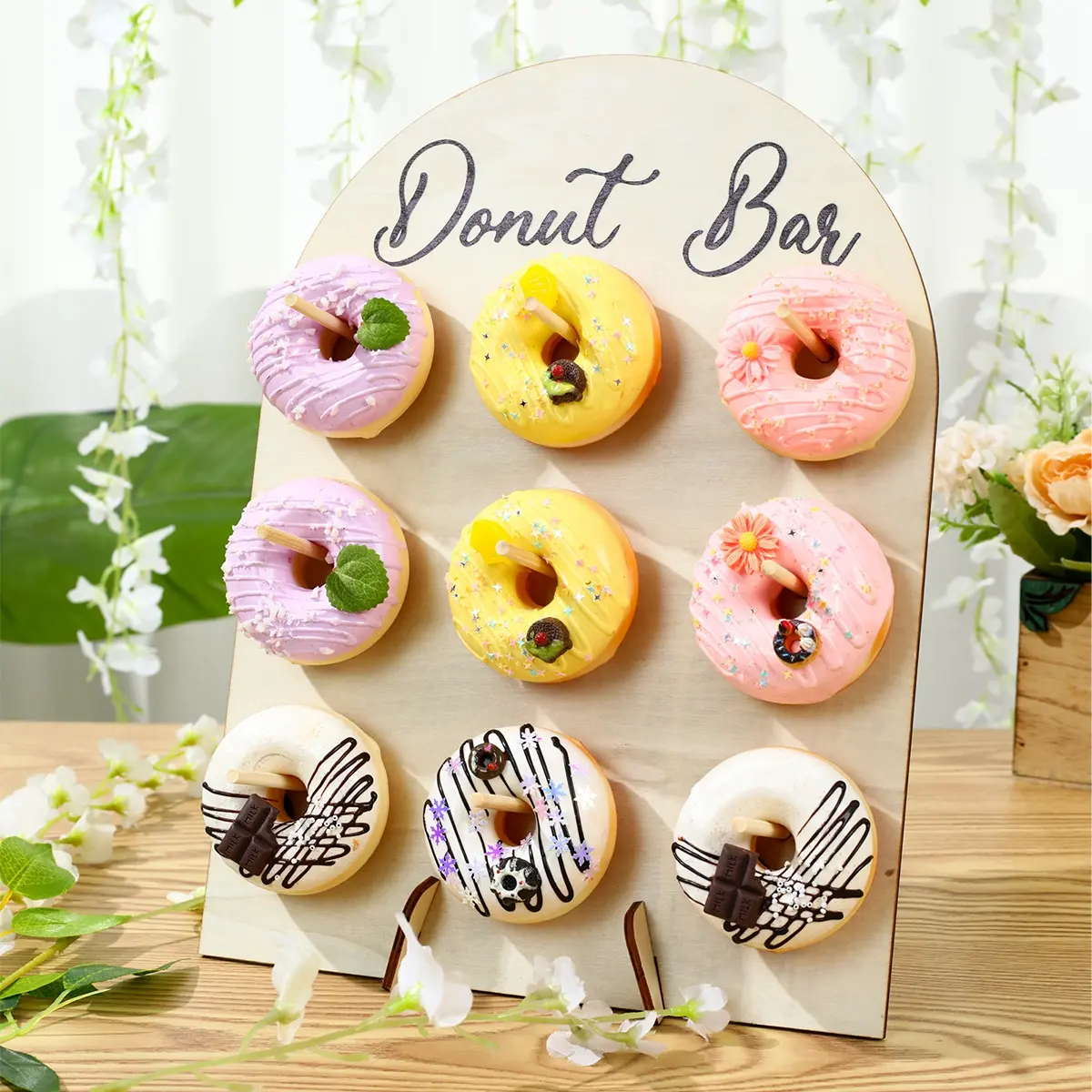 Wooden Donut Stand Board (26x35cm) - 1 Tabletop Organizer Rack, Wall Display for Happy Birthday Party & Baby Shower Decor (Home Supplies, Festive & Party Supplies, Cake Decorations)