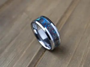 The Blue Meteor, Blue Opal Meteorite Wedding Ring, Silver Tungsten Carbide Wedding Band, Authentic Meteorite Ring, Blue Ring, Red Opal Wedding Band, Gift