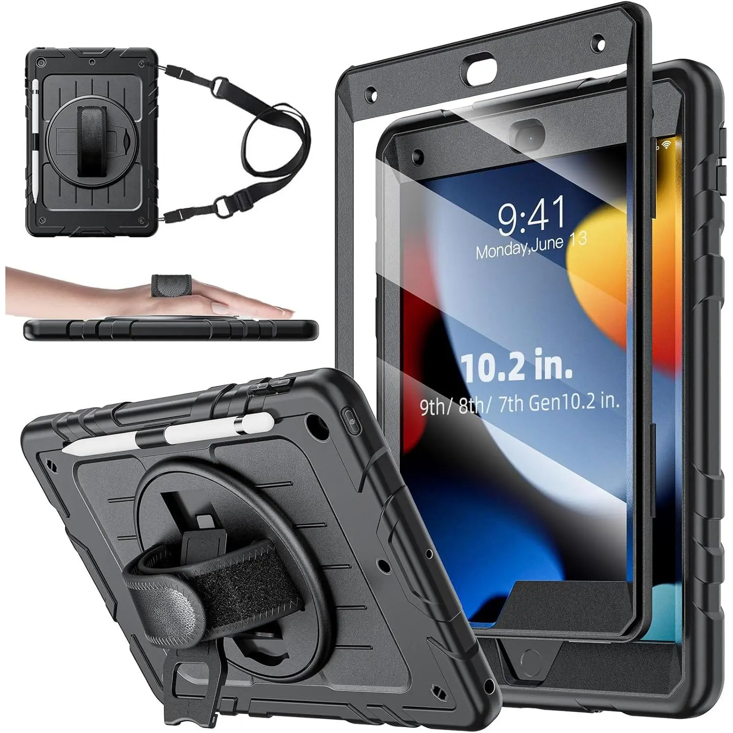 10.2in Synthetic Plastic Cover & Shell for iPad 9th/8th/7th Gen (2021-2019) - Drop-Proof Protection, Built-in Screen Protector, Pencil Loop Band, 360-Degree Rotating Adjustable Strap, Black Handheld Computer Accessory