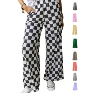 Women's checkered printed pocket elastic straight leg pants, casual streetwear pants, daily casual comfortable pants, all season women's underwearRAIMENTRY