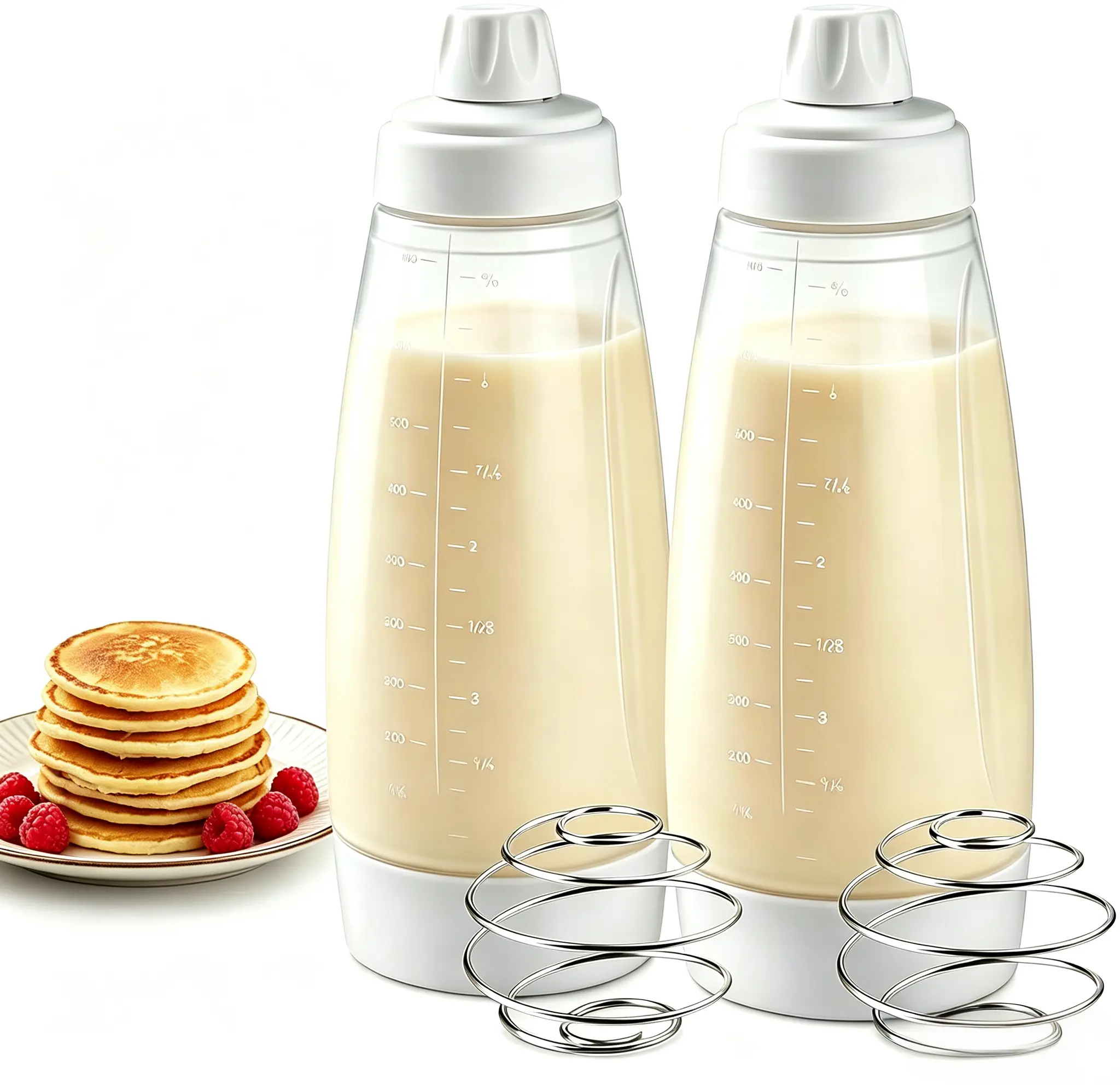 2-Pack Reusable Silicone Pancake Batter Dispenser & Mixer Squeeze Bottles - Lightweight, Wide Mouth, Transparent 1000ml Kitchen Baking Utensils with Measurement Scale, Detachable Stainless Steel Blender Balls, Versatile Dispenser for Pancakes, Waffles