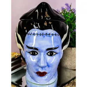 Ceramic Ghastly Mrs Frankenstein The Bride Zombie Skull Cookie Jar Halloween