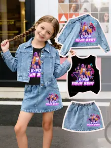 Three-Piece Set: Denim Jacket + Jean Skirt + Sleeveless Vest, New Cartoon Print, Casual Daily Wear, Outdoor Sports, Perfect Gift for Kids, Denim Skirt Sets, Skirts Sets, Graphic Print Set