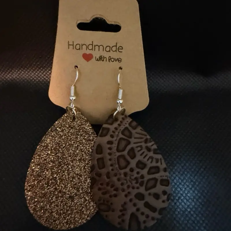 Handmade with Love Double Sided Earrings - Glitter & Leopard Print Teardrop Design for Stylish Accessories