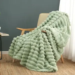 Raybee Sage Green Fleece Throw Blanket 70”×80” for Couch Sofa Bed,Super Soft Cozy Plush Microfiber Flannel Blanket with Stripes Design Lightweight for Adults,Woman,Girls