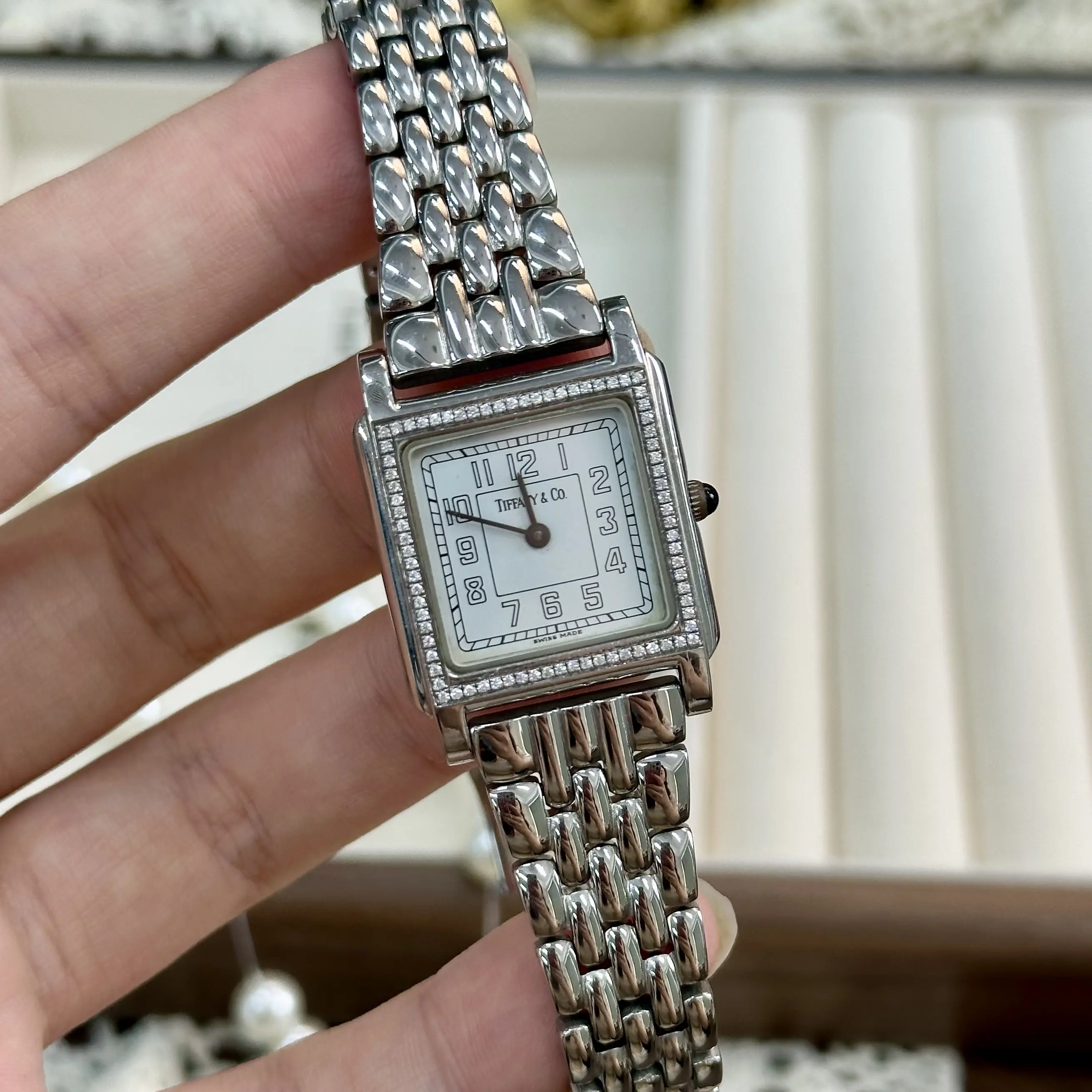 Tiffany&CO Vintage Stainless Steel Square Shape 25mm White Dial Custom Diamond Bezel Ladies Watch 11907011