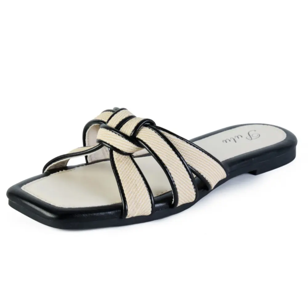 Women's Flat Sandals Summervibes Square Toe Slide Sandals with Braided Design Non-Slip Sole Ideal for Vacations