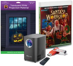 Christmas Digital Decoration Kit Includes AtmosFX Santa's Workshop with 5 Video Effects for Christmas Plus HD Super Bright Projector and 48” x 72” Holographic Projection Screen