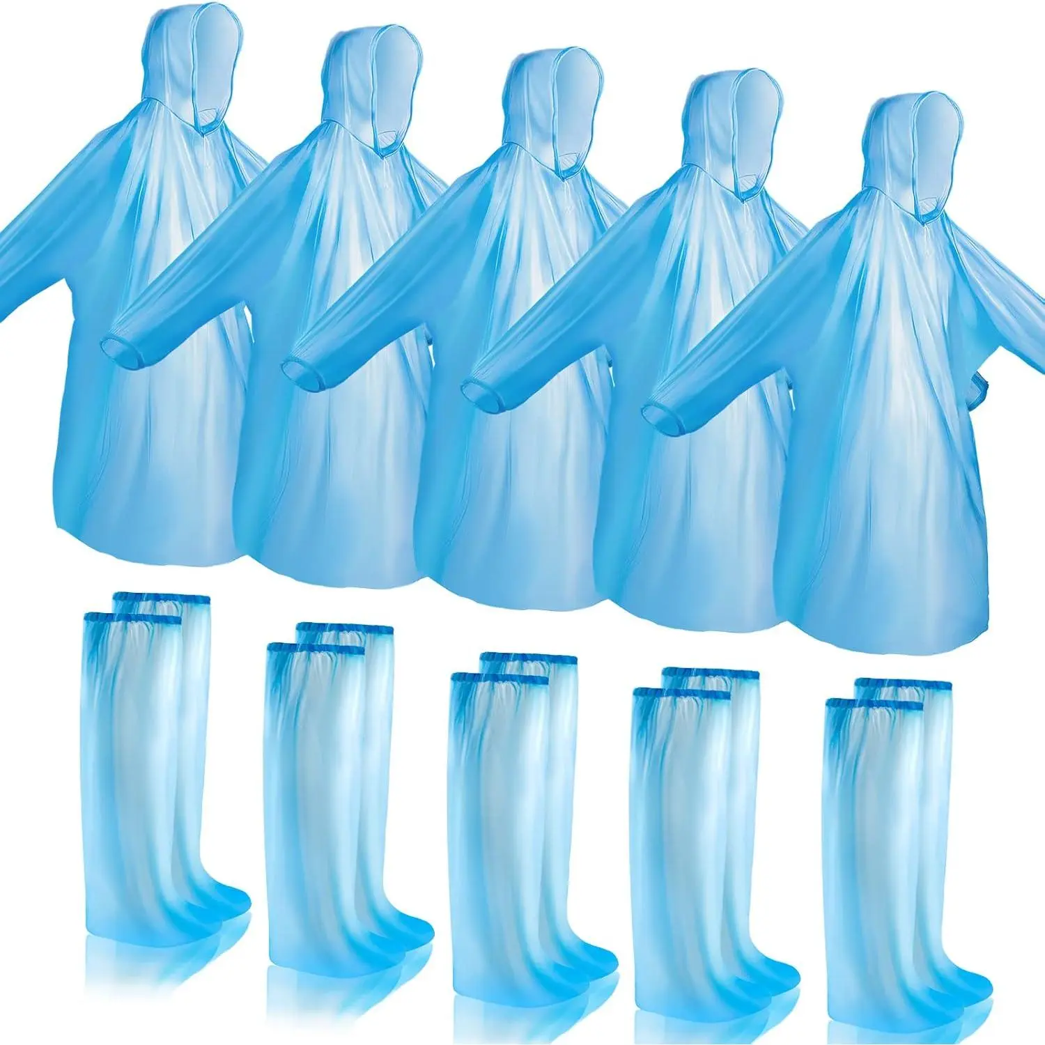 Unisex Outdoor Water Resistant Disposable Raincoat Sets with 12 Ponchos, 12 Pairs of Elastic Soft Long Bike Shoe Boot Covers - 24 Pcs Rain Protection Clothes, Smooth, Long Reach