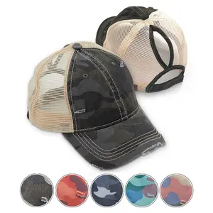 C.C Camouflage Pattern Ponytail Cap with Mesh for Women Distressed Camo Patriotic Baseball