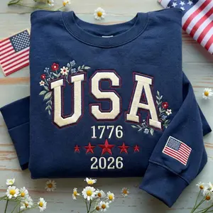 Floral USA Embroidered Sweatshirt, American Girl Shirt, Girly 4th of July Shirt, USA Est 1776 Tee, Patriotic Women Shirt, Flower USA Shirt
