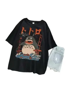 Studio Ghibli Totoro Japanese Ukiyo-e Wave Graphic T-Shirt, Vintage Washed Distressed Oversized Anime Streetwear Top, Retro "Tororo" Catbus Kanagawa Wave Tee for Men Women, Ghibli Fan Gift & 90s Anime Apparel
